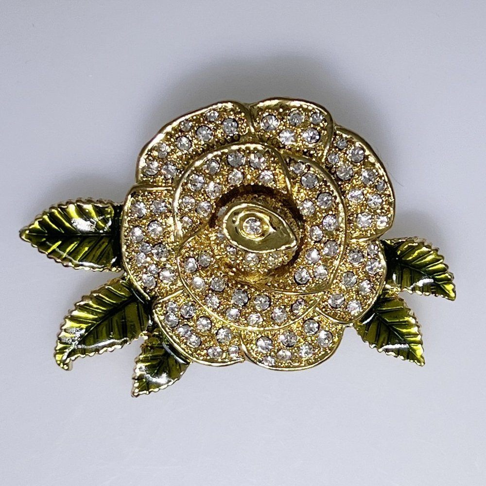 Vintage crystal encrusted rose brooch and pendant, marked PWC, almost 2.5"across